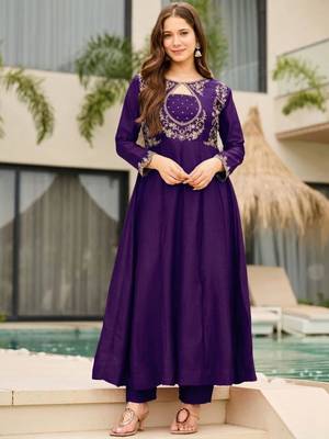 Purple silk blend embroidered kurta set 1