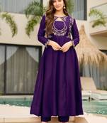 Purple silk blend embroidered kurta set