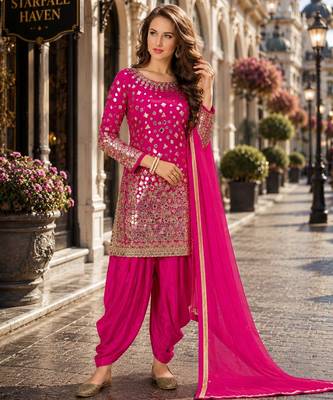 Pink embroidered tapeta silk semi stitched salwar suit 1