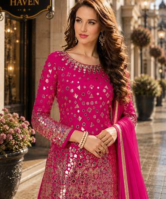 Pink embroidered tapeta silk semi stitched salwar suit 2