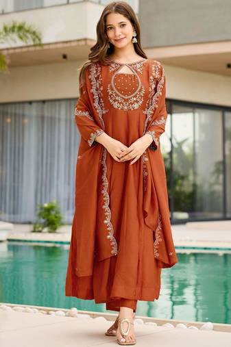 Dark-orange silk blend embroidered kurta set