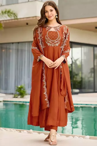 Dark-orange silk blend embroidered kurta set