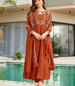 Dark-orange silk blend embroidered kurta set