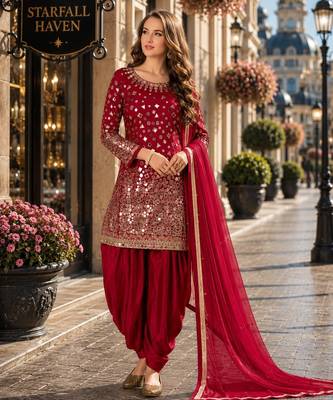 Red embroidered tapeta silk semi stitched salwar suit 1