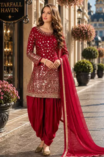 Red embroidered tapeta silk semi stitched salwar suit