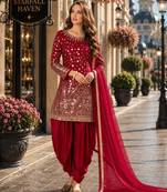 Red embroidered tapeta silk semi stitched salwar suit
