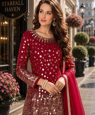 Red embroidered tapeta silk semi stitched salwar suit 2