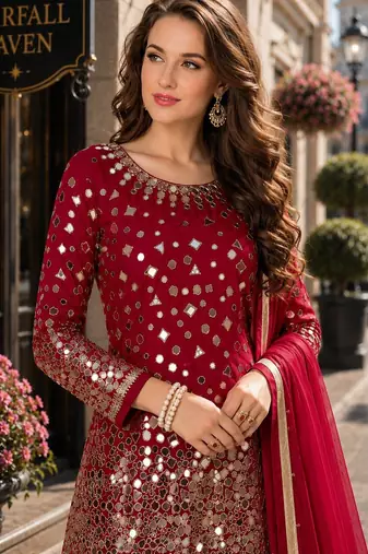 Red embroidered tapeta silk semi stitched salwar suit