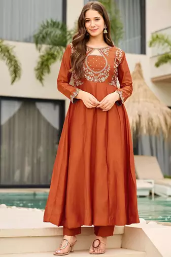 Dark-orange silk blend embroidered kurta set