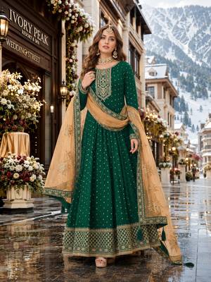 Green embroidered tapeta silk semi stitched anarkali suit 1