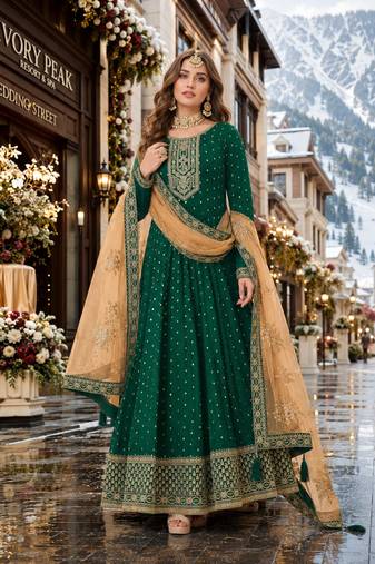 Green embroidered tapeta silk semi stitched anarkali suit