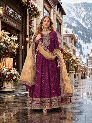 Purple embroidered tapeta silk semi stitched anarkali suit 1