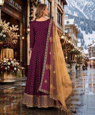 Purple embroidered tapeta silk semi stitched anarkali suit 2