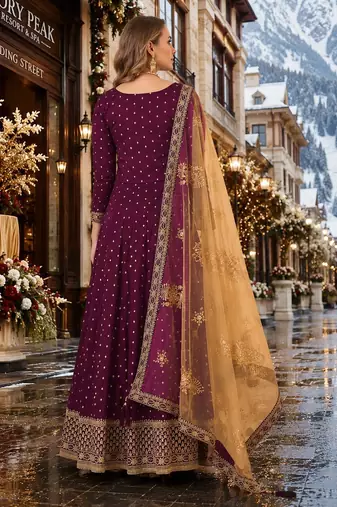 Purple embroidered tapeta silk semi stitched anarkali suit