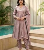 Lavender silk blend embroidered kurta set