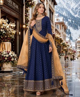 Navy blue embroidered tapeta silk semi stitched anarkali suit 1