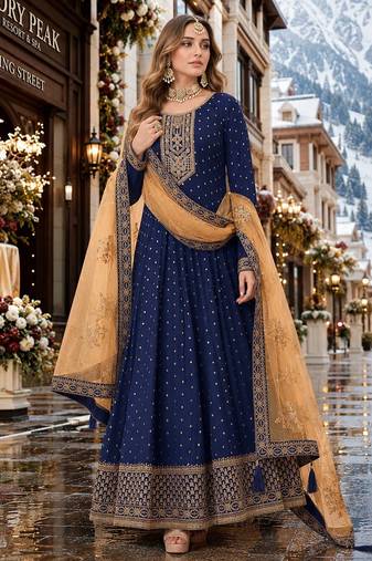 Navy blue embroidered tapeta silk semi stitched anarkali suit