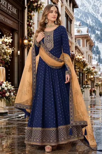 Navy blue embroidered tapeta silk semi stitched anarkali suit