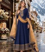 Navy blue embroidered tapeta silk semi stitched anarkali suit