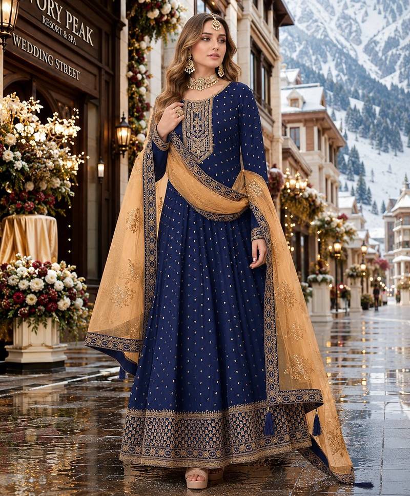 Navy blue embroidered tapeta silk semi stitched anarkali suit