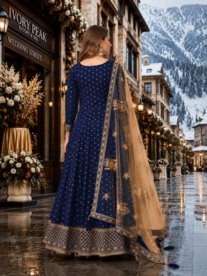 Navy blue embroidered tapeta silk semi stitched anarkali suit 2