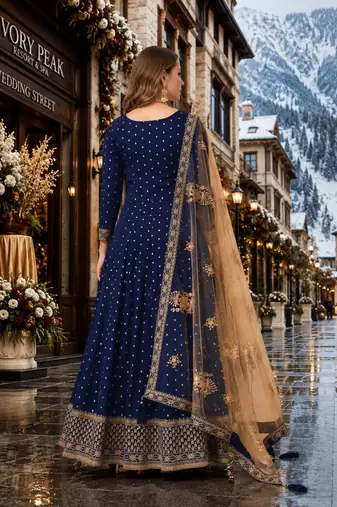 Navy blue embroidered tapeta silk semi stitched anarkali suit