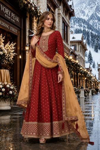 Maroon embroidered tapeta silk semi stitched anarkali suit