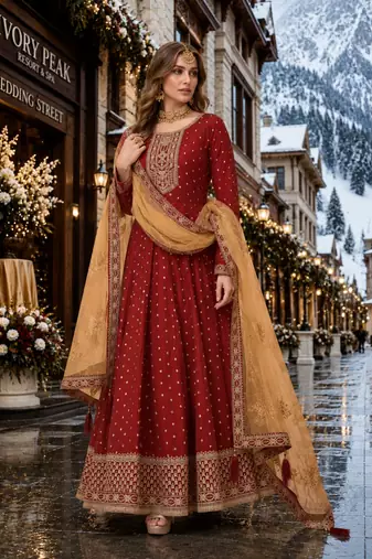 Maroon embroidered tapeta silk semi stitched anarkali suit