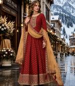 Maroon embroidered tapeta silk semi stitched anarkali suit