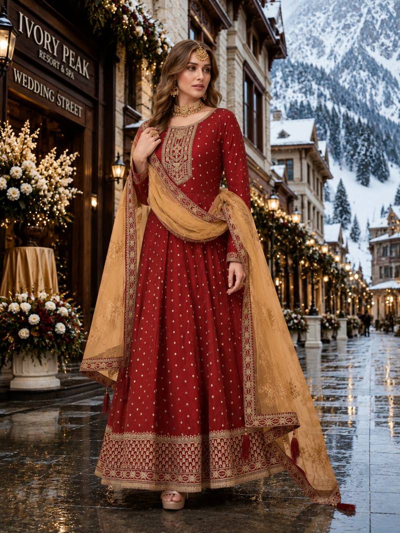 Maroon embroidered tapeta silk semi stitched anarkali suit