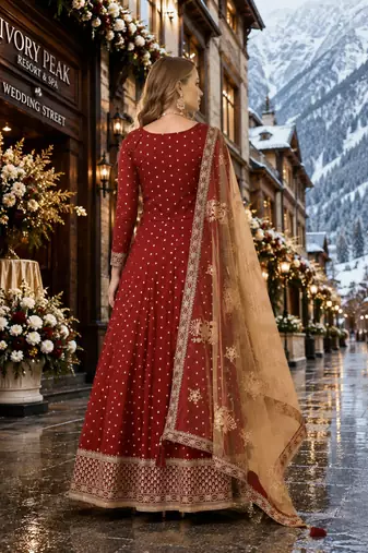 Maroon embroidered tapeta silk semi stitched anarkali suit