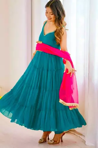 Teal-green georgette lace kurta set