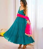 Teal-green georgette lace kurta set