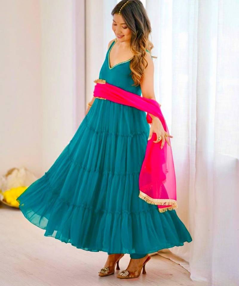 Teal-green georgette lace kurta set