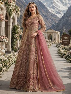 Pink embroidered net semi stitched anarkali suit 1