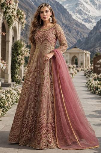 Pink embroidered net semi stitched anarkali suit