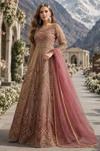 Pink embroidered net semi stitched anarkali suit
