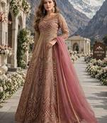 Pink embroidered net semi stitched anarkali suit