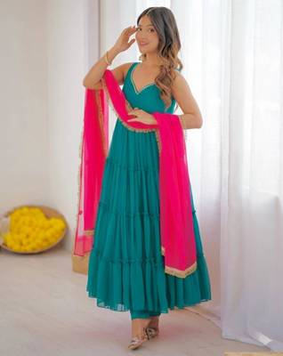 Teal-green georgette lace kurta set 2