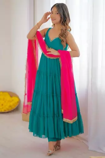 Teal-green georgette lace kurta set