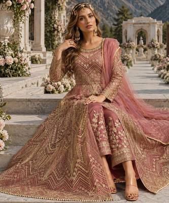 Pink embroidered net semi stitched anarkali suit 2