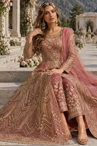 Pink embroidered net semi stitched anarkali suit
