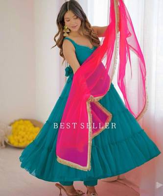 Teal-green georgette lace kurta set 3
