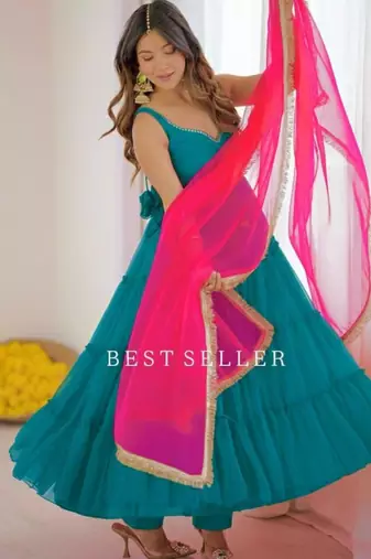 Teal-green georgette lace kurta set