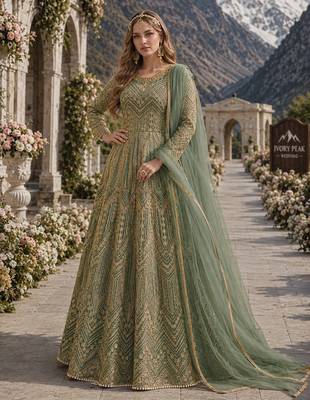 Green embroidered net semi stitched anarkali suit 1