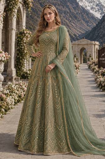 Green embroidered net semi stitched anarkali suit
