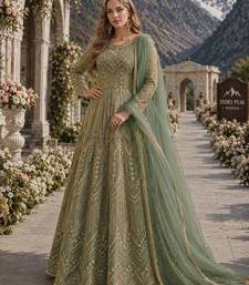 Green embroidered net semi stitched anarkali suit
