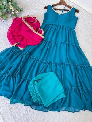 Teal-green georgette lace kurta set 4