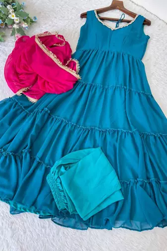 Teal-green georgette lace kurta set