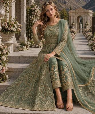 Green embroidered net semi stitched anarkali suit 2